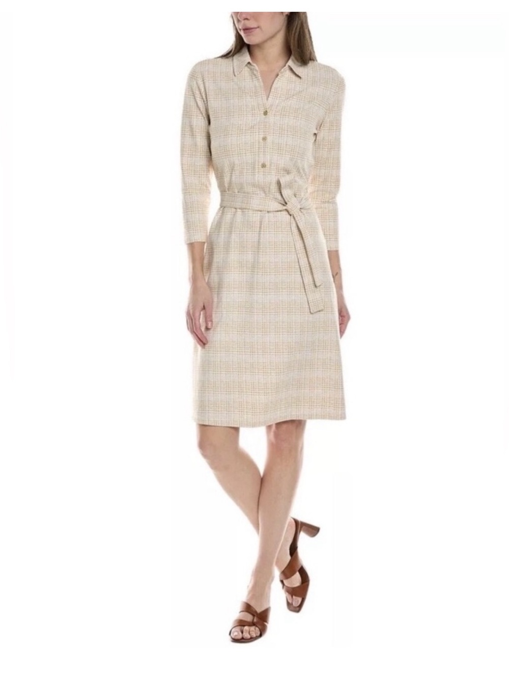 J. McLaughlin Calla Shirt Dress Tan Mini Mod Matrix Plaid Grid Catalina knit LG - Picture 2 of 6